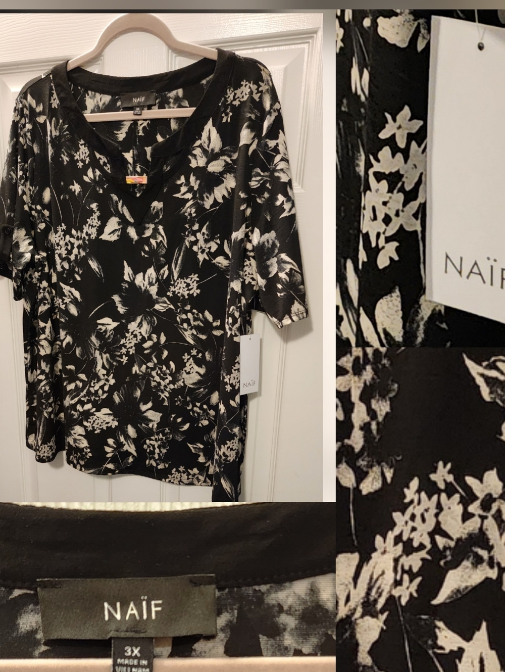 NWT NAIF Short Sleeve Top • VNeck w/Gold Accent • Modern Foral Design • 3X